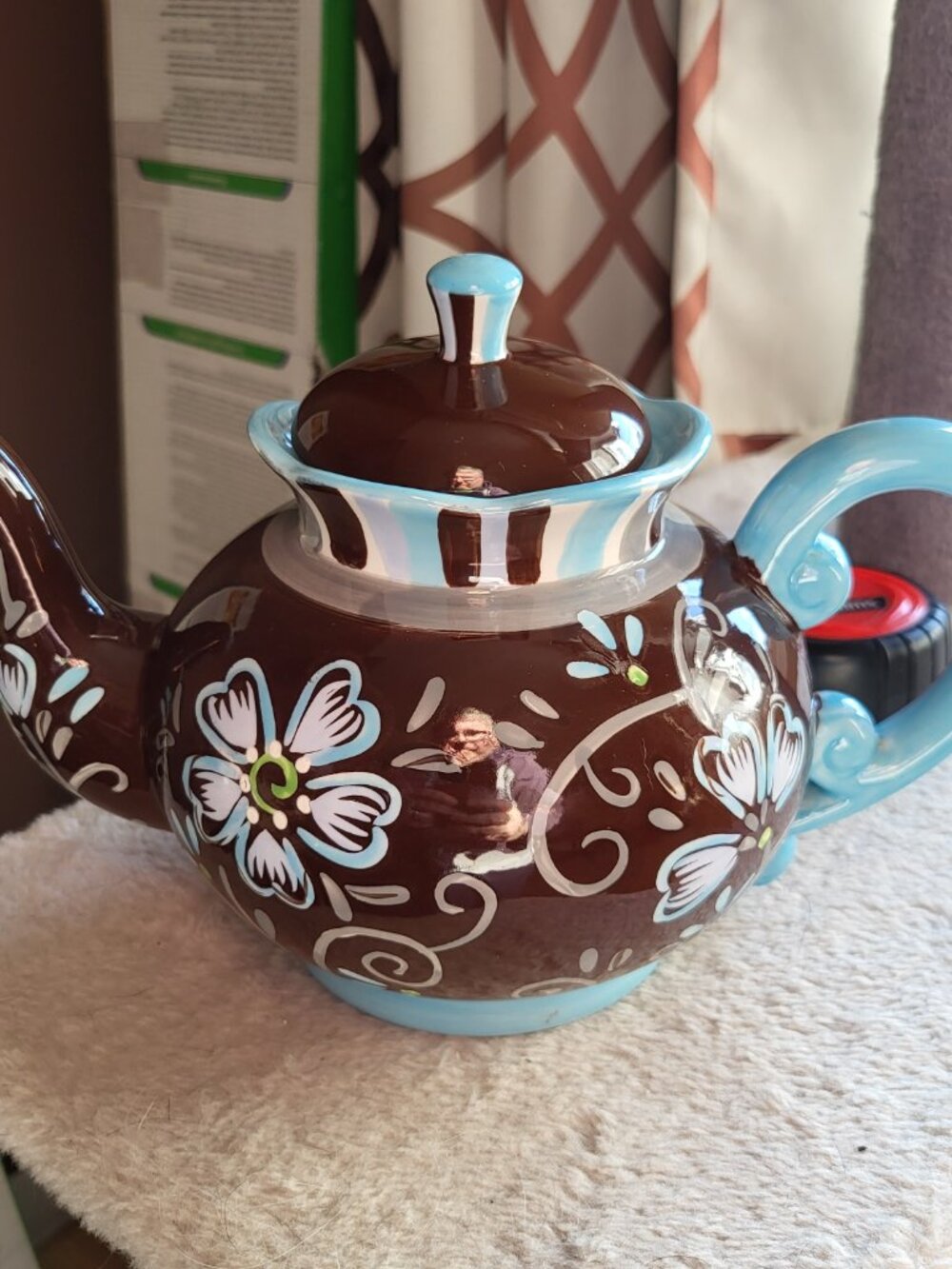 Pier 1 Import Tea Pot Hand Painted Floral Brown Baby Blue & White